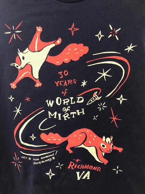 Light navy kids unisex t shirt with orange pink flying squirrel and squirrel illustration. Reads 30 Years of World of Mirth, Richmond, VA.