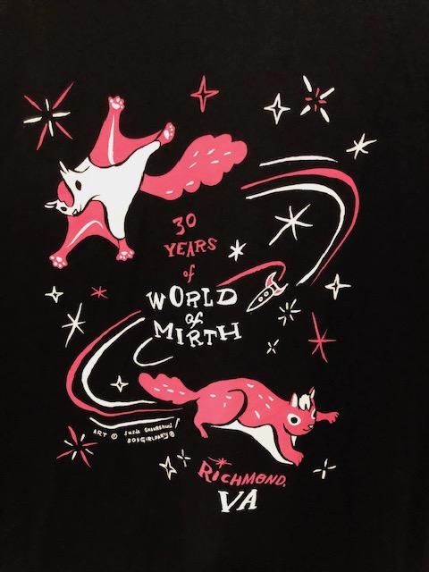 Black unisex t shirt with bright pink flying squirrel and squirrel illustration. Reads 30 Years of World of Mirth, Richmond, VA.