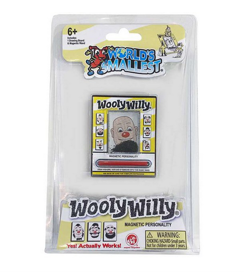 The World's Smallest Wooly Willy is just 3 inches in a clear plastic blister pack.  Wooly Willy the iconic bald guy that gets a makeover with magnetic shavings.  Use the red stylus to drag the magnets onto his head or give him facial hair. 