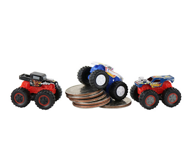 3 styles of world's smallest hot wheels monster trucks next to a stack of quarters for scale.