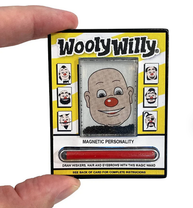Measuring just three inches tall this classic game using magnetic shavings to add hair on the head as well as facial hair to Willy the iconic bald man.  His red nose matches the stylus provided to drag the magnets into place.  