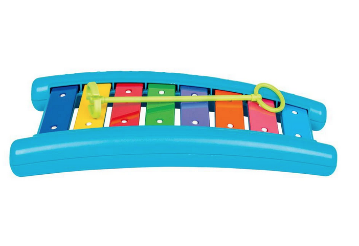 Blue plastic xylophone with brightly colored steel bars and a yellow plastic mallet.