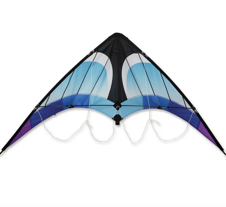 The Zoomer 2.0 sport kite is a high-speed delta designed to maneuver a variety of stunts. Kite is black, white, and varying shades of blue. Featuring a durable fiberglass frame and ripstop sail, it is guaranteed to provide flying fun for years to come! The Zoomer has: easy to fly dual control. indestructible fiberglass frame. flying line and handles included.