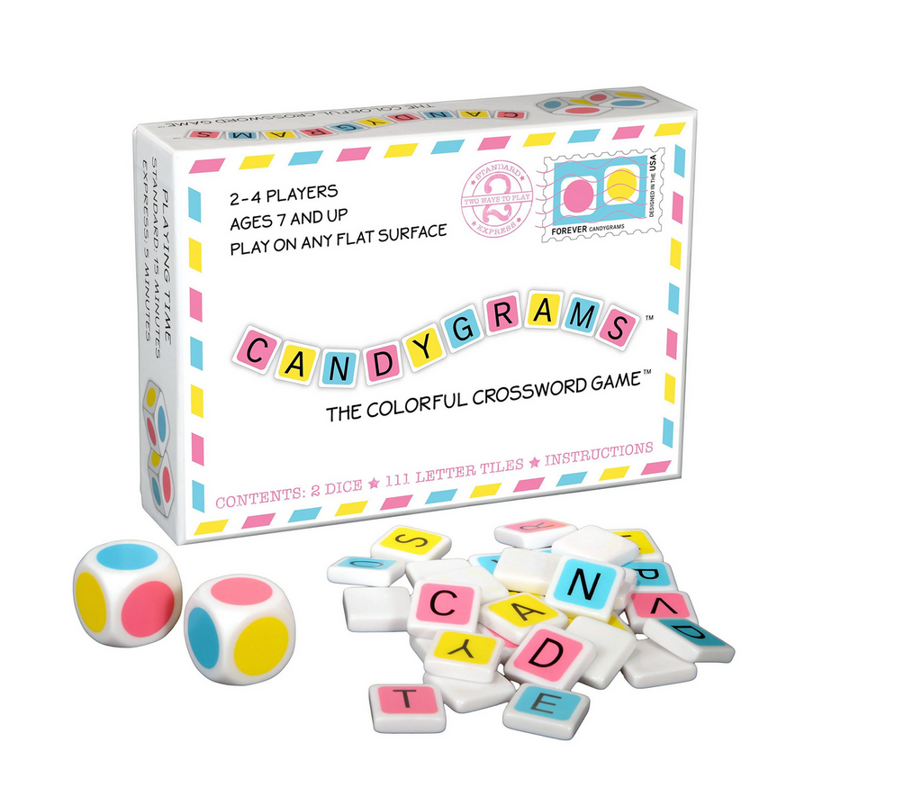 Candygrams colorful crossword game box, dice, and tiles.
