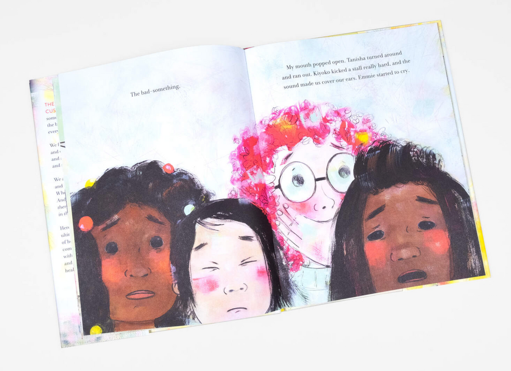 Inside pages showing 4 girls with sad looks on their faces. Page reads "The bad something. My mouth popped open. Tanisha turned around and ran out. Kiyoko kicked a stall really hard, and the sound made us cover our ears. Emmie started to cry."