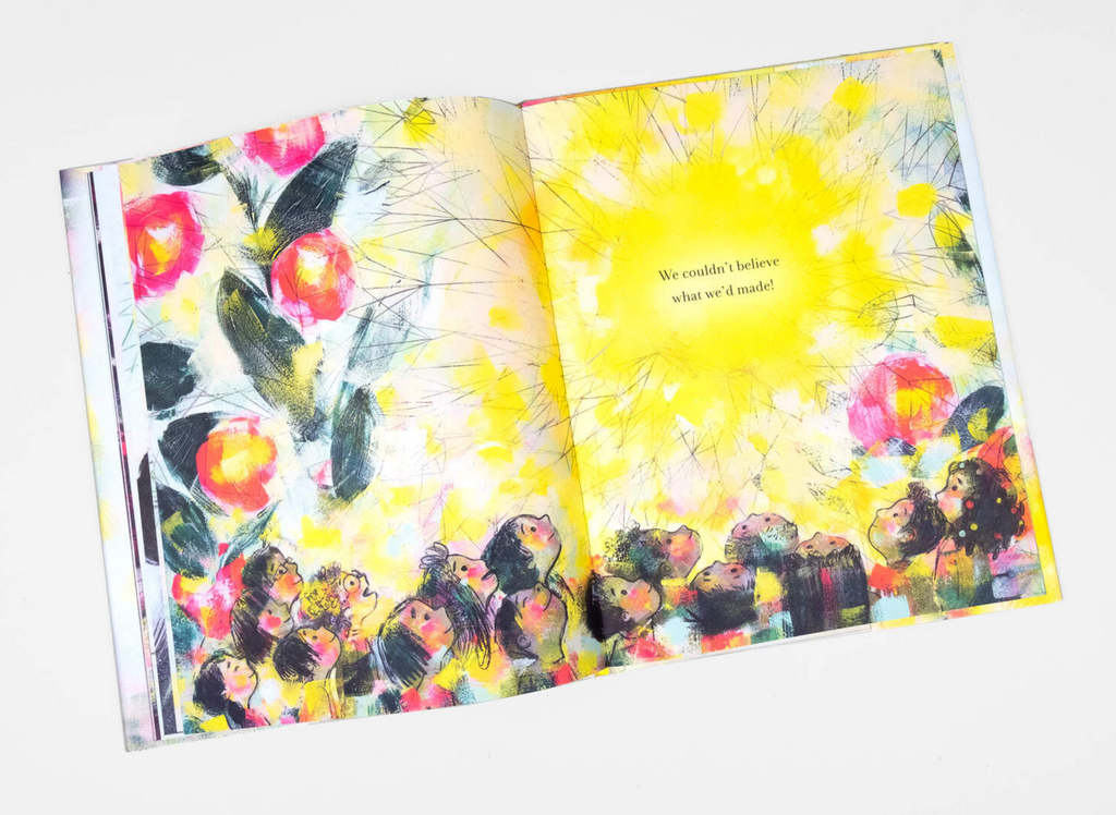 Interior page of children looking amazed at a bright yellow burst in the sky. Text reads "We couldn't believe what we'd made!"